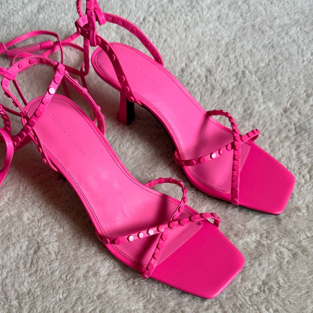 NEW Rebecca Minkoff neon pink shoes Avila size 9.5 ankle wrap heels rockstud